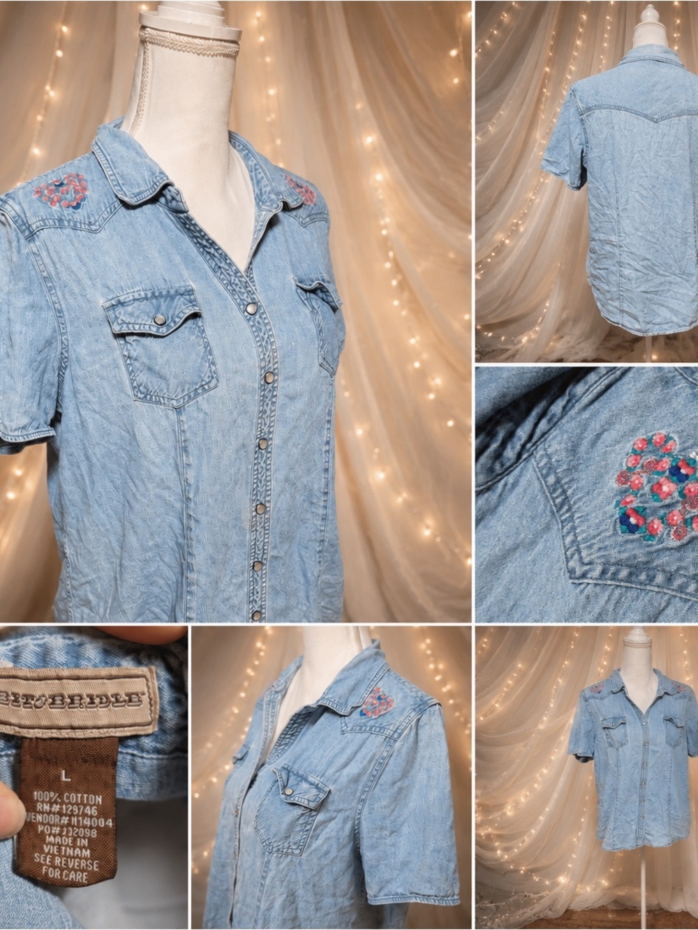 Bit & Bridle Embroidered Denim Snap Button Shirt Large Western Floral Top